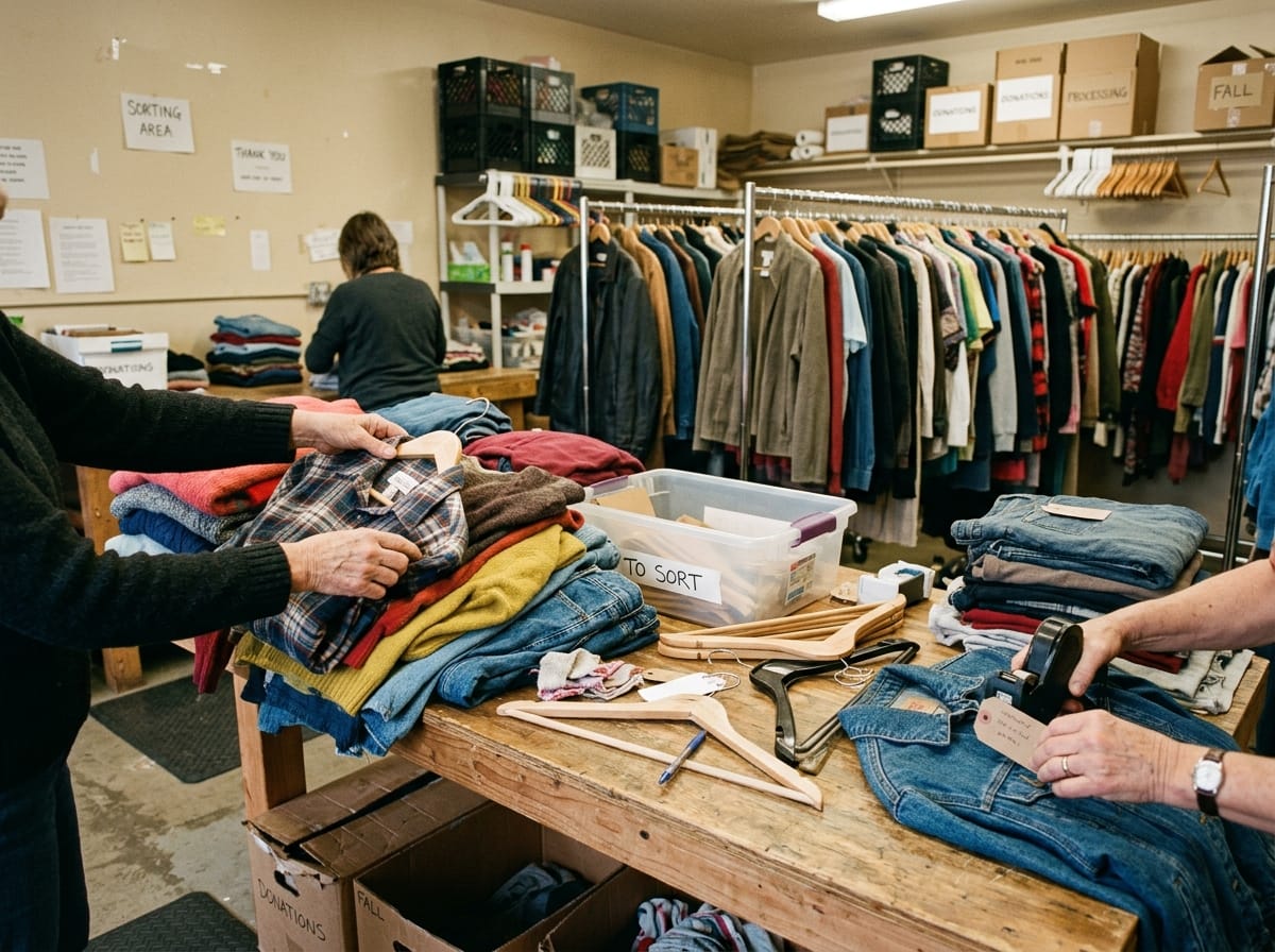 Dietro le quinte di un negozio vintage con selezione di abbigliamento usato