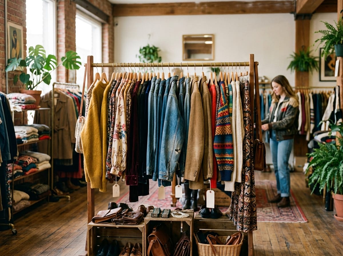 Stand di abbigliamento second hand in un negozio vintage