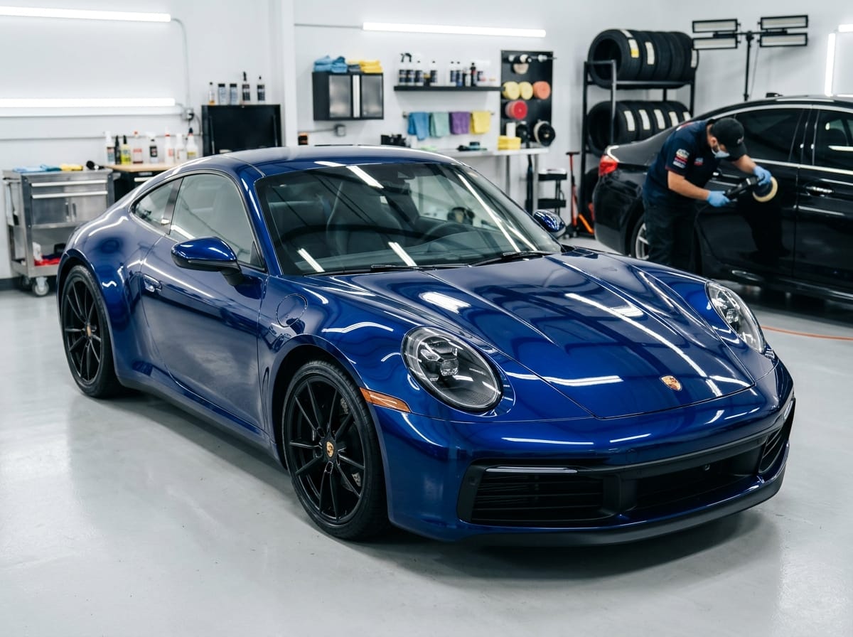Car detailing con auto brillante in un laboratorio pulito