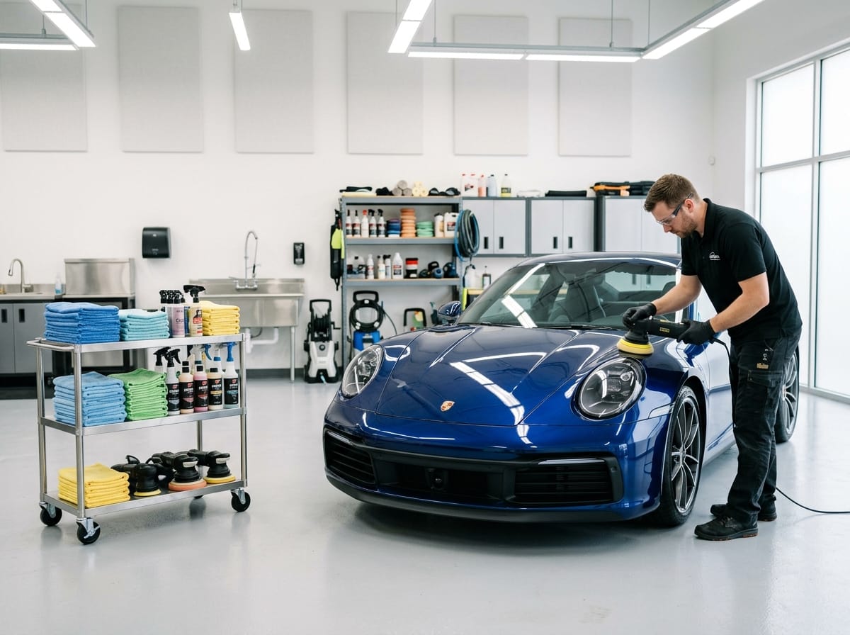 Car detailer al lavoro su una carrozzeria brillante