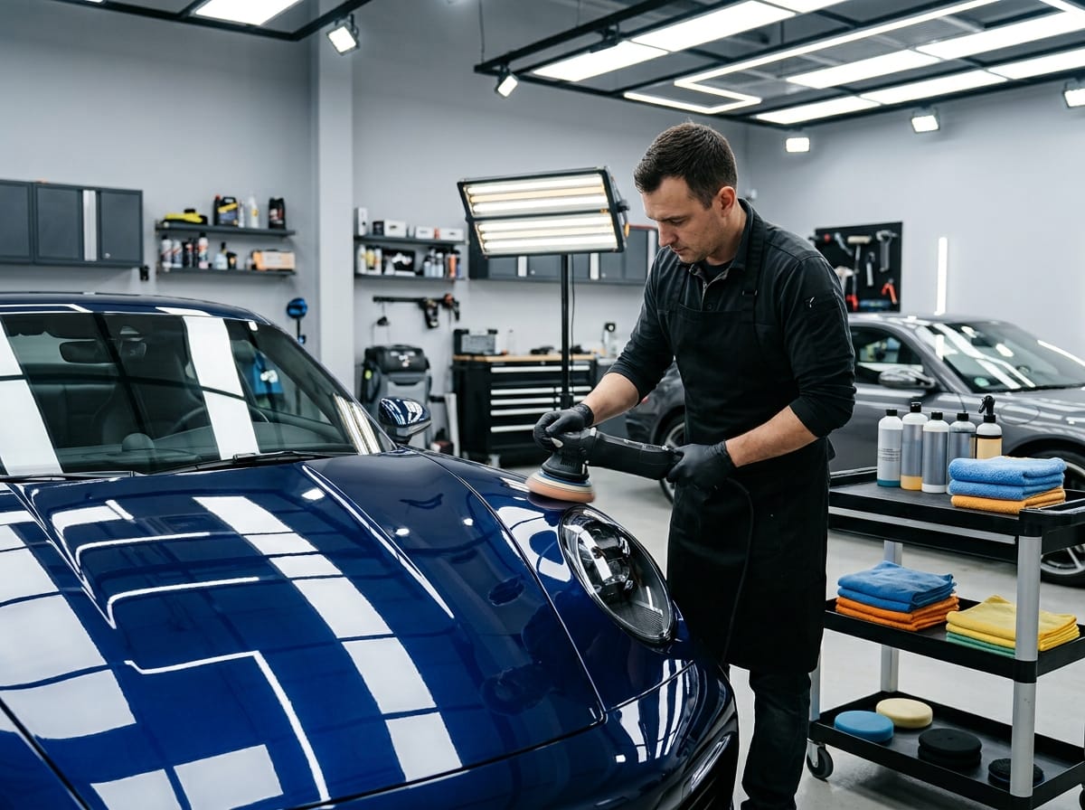 Car detailer con prodotti, lucidatrice e auto in laboratorio