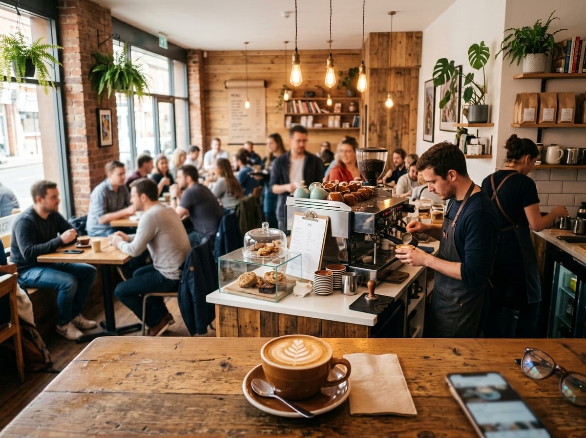 Caffetteria accogliente con caffè specialty e sala invitante