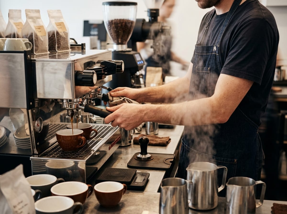 Barista che prepara un caffè in una caffetteria