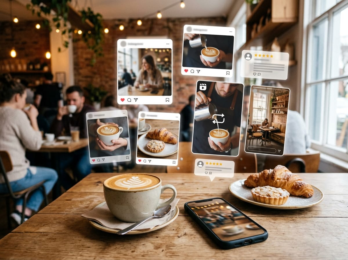 Social media di una caffetteria con latte art e smartphone
