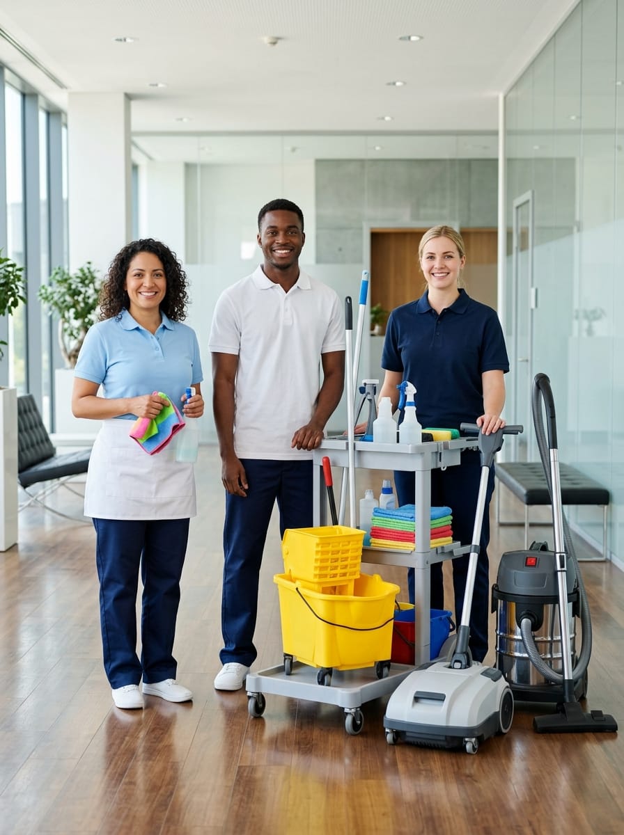 Équipe et matériel professionnel d’une société de nettoyage