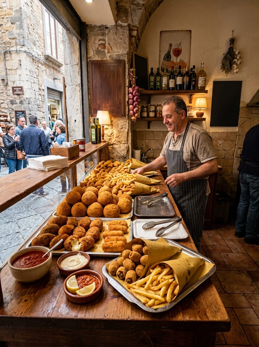 Fritti misti, patatine e salse in una friggitoria