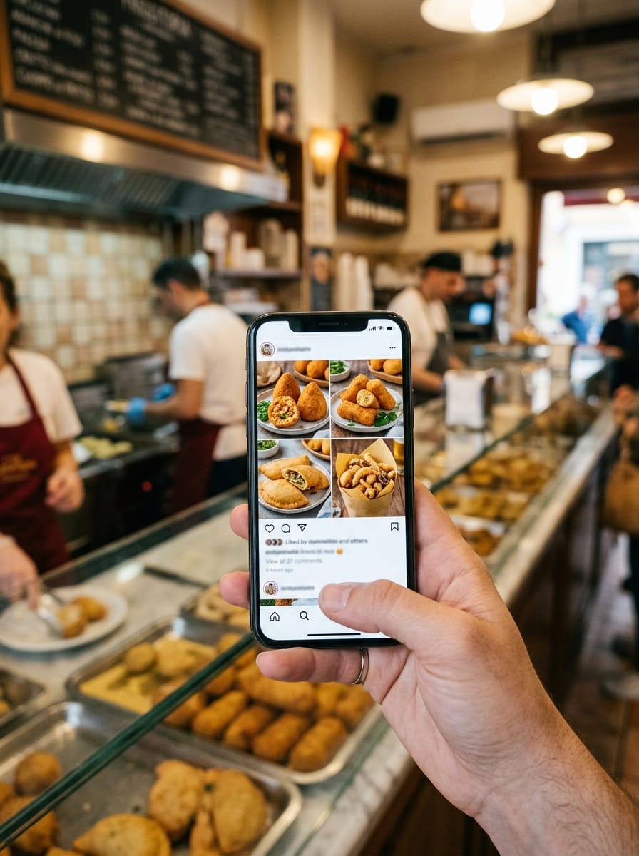 Social media per friggitoria con smartphone e contenuti