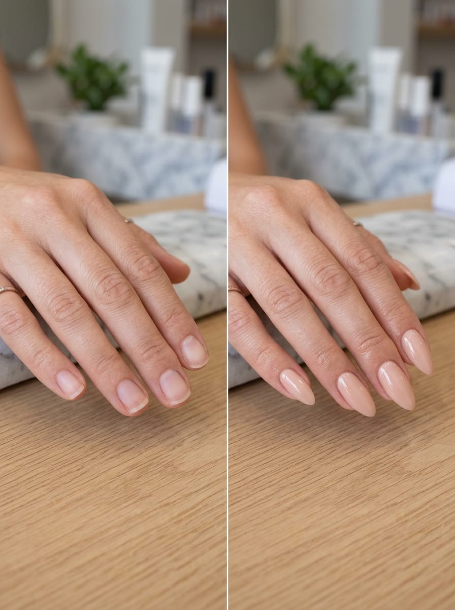 Avant après d’une pose d’ongles réalisée en institut