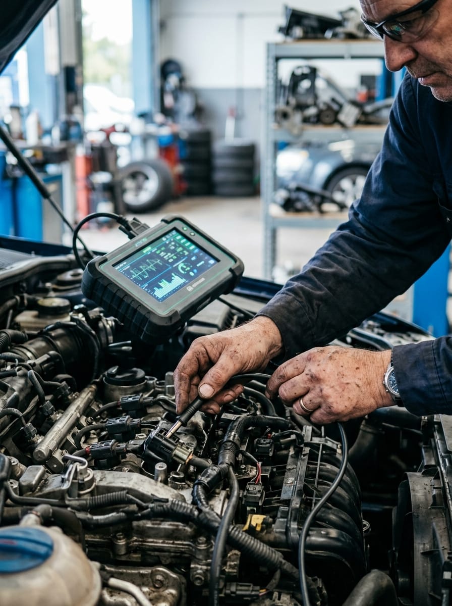 Technicien utilisant un outil de diagnostic automobile