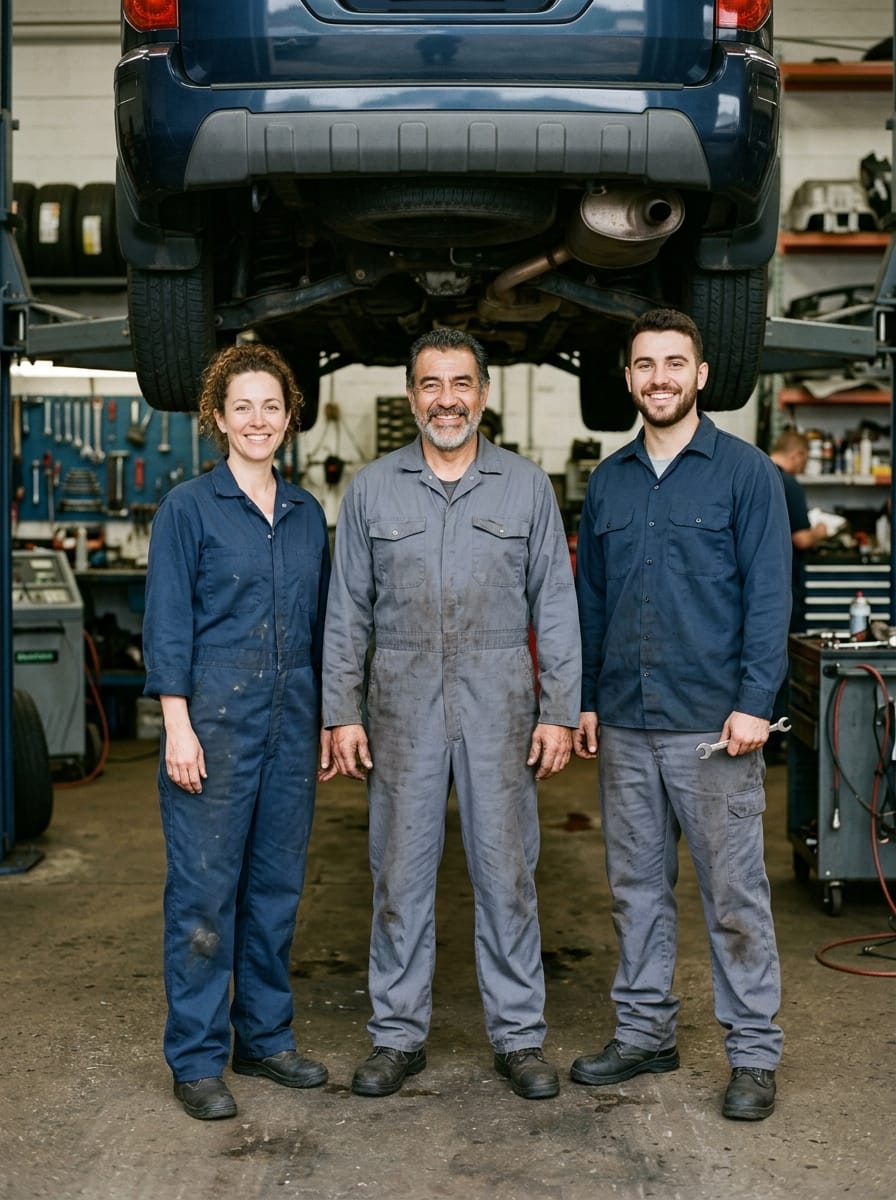 Équipe de mécaniciens dans un atelier automobile propre