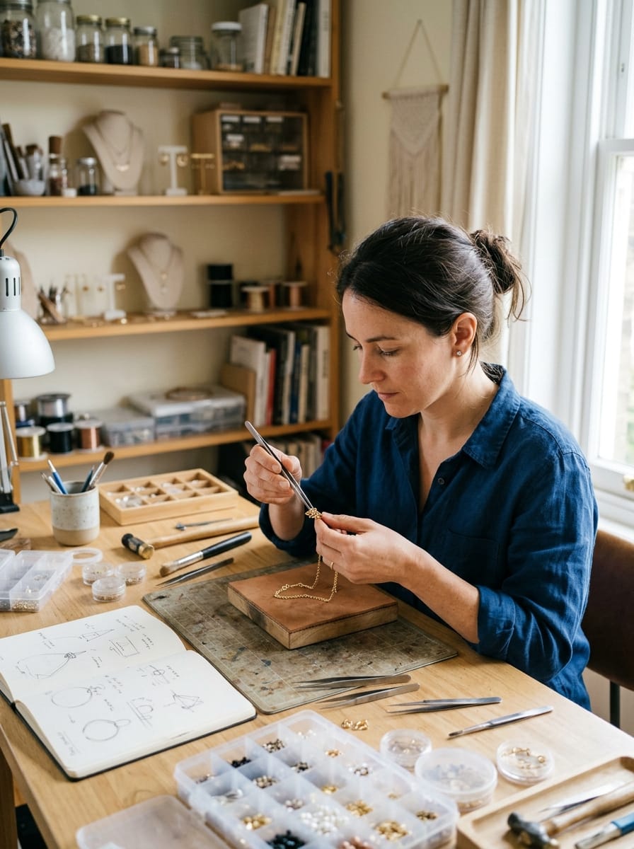 Créatrice travaillant sur un bijou dans son atelier