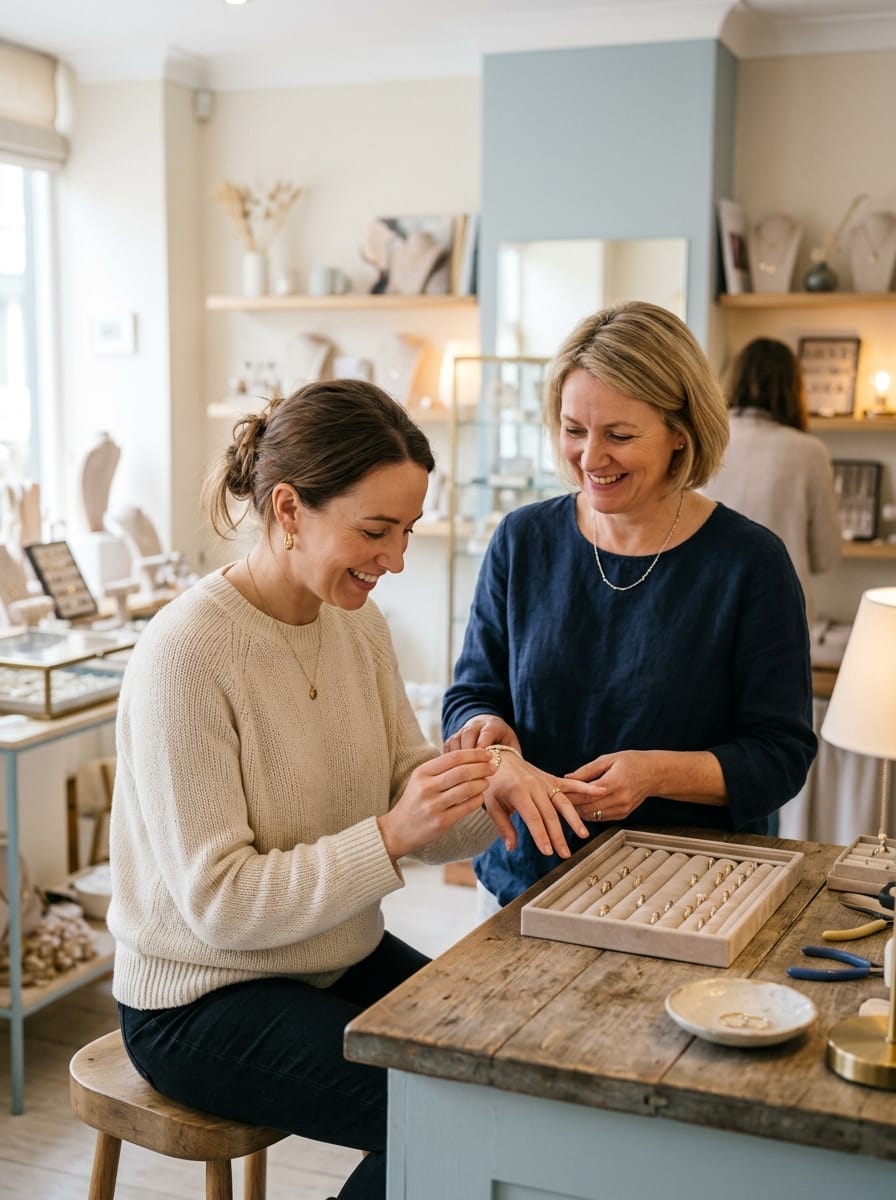 Cliente découvrant et essayant des bijoux en boutique