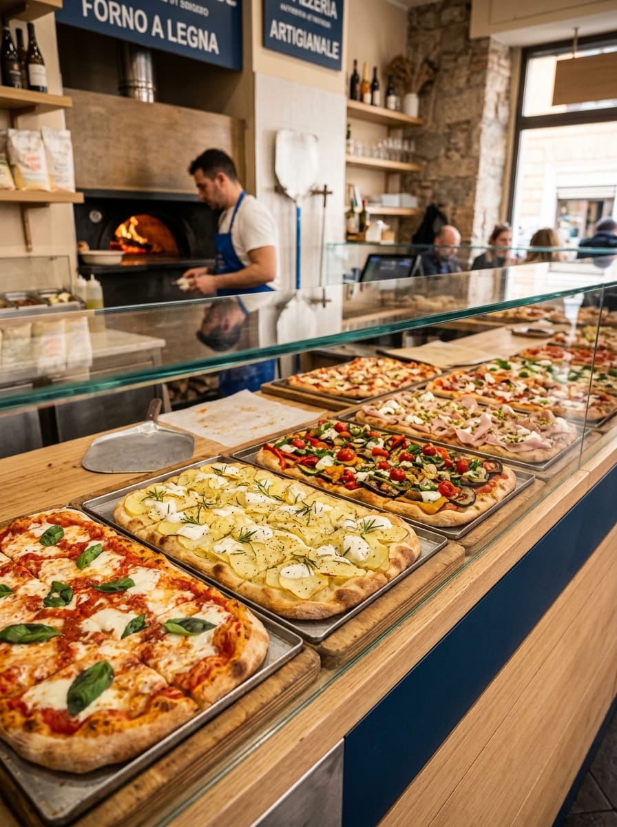 Banco di una pizzeria al taglio con diverse teglie appena sfornate