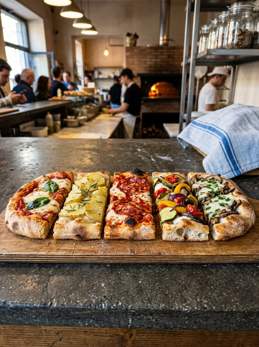 Teglie con diversi gusti di pizza al taglio