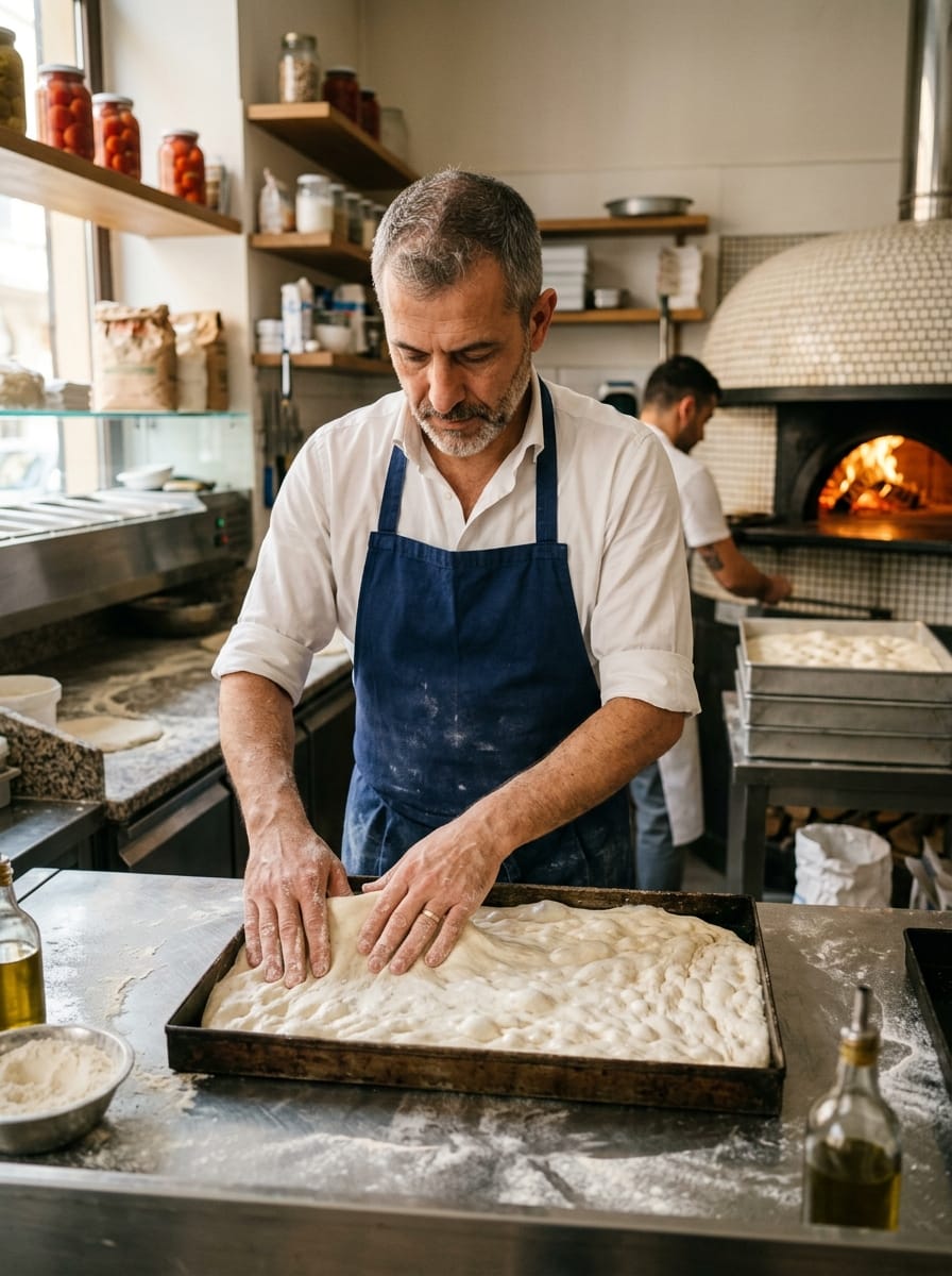 Preparazione dell’impasto in una pizzeria al taglio