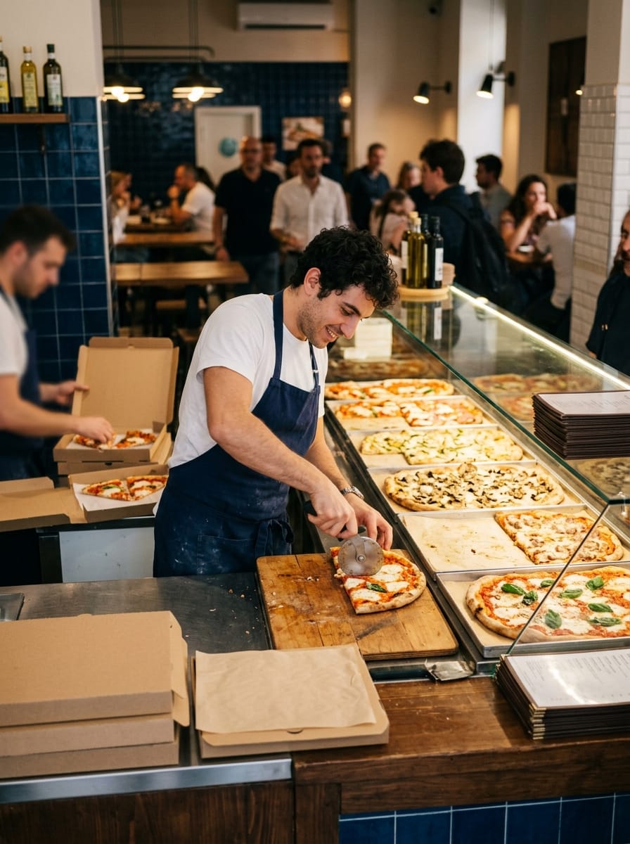 Banco e menu di una pizzeria al taglio durante il servizio