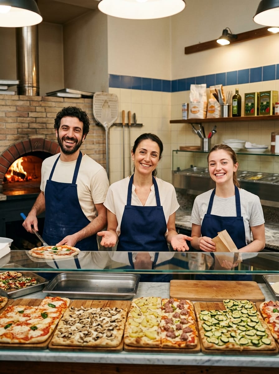 Team di una pizzeria al taglio dietro il banco
