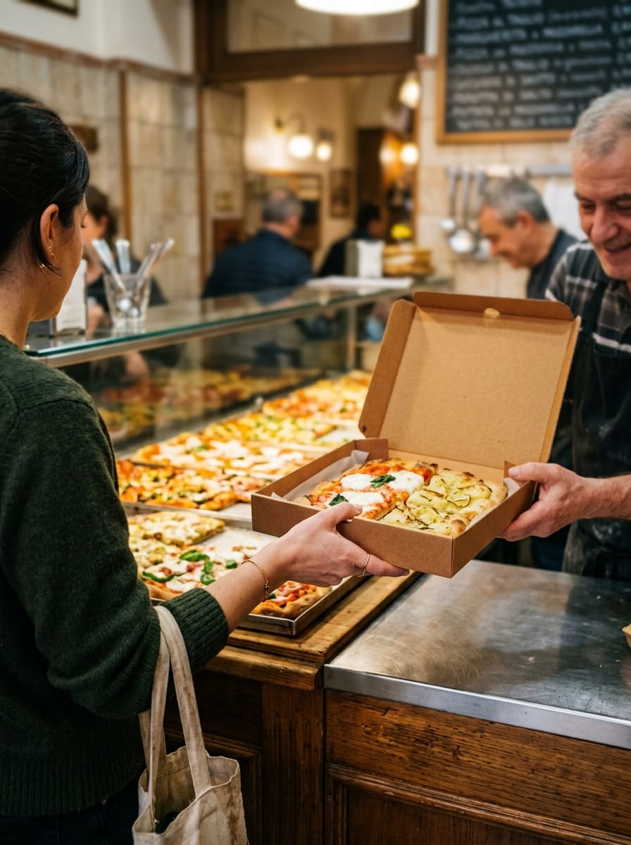 Cliente che riceve un ordine da asporto in pizzeria