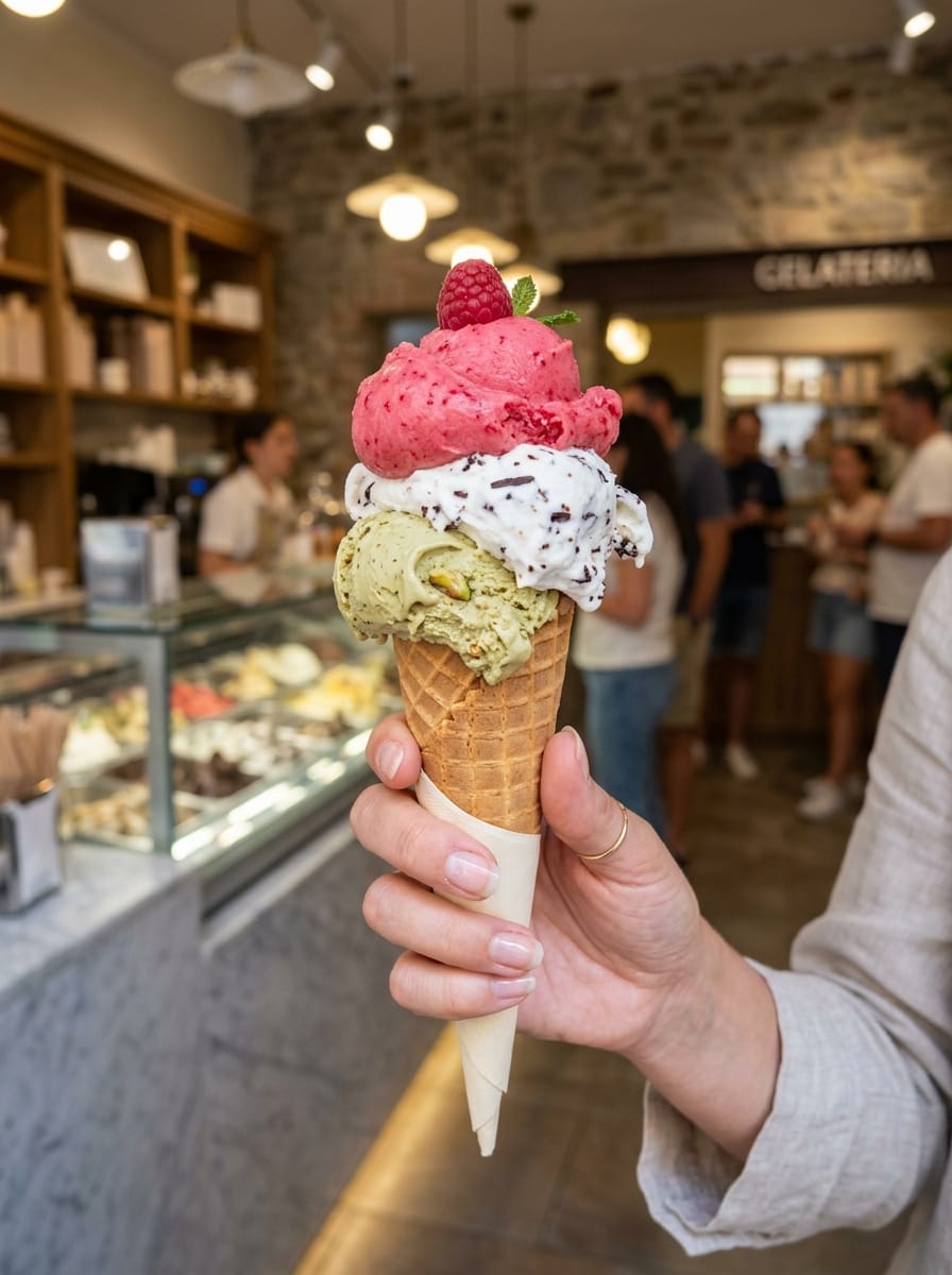 Cono gelato servito in una gelateria artigianale