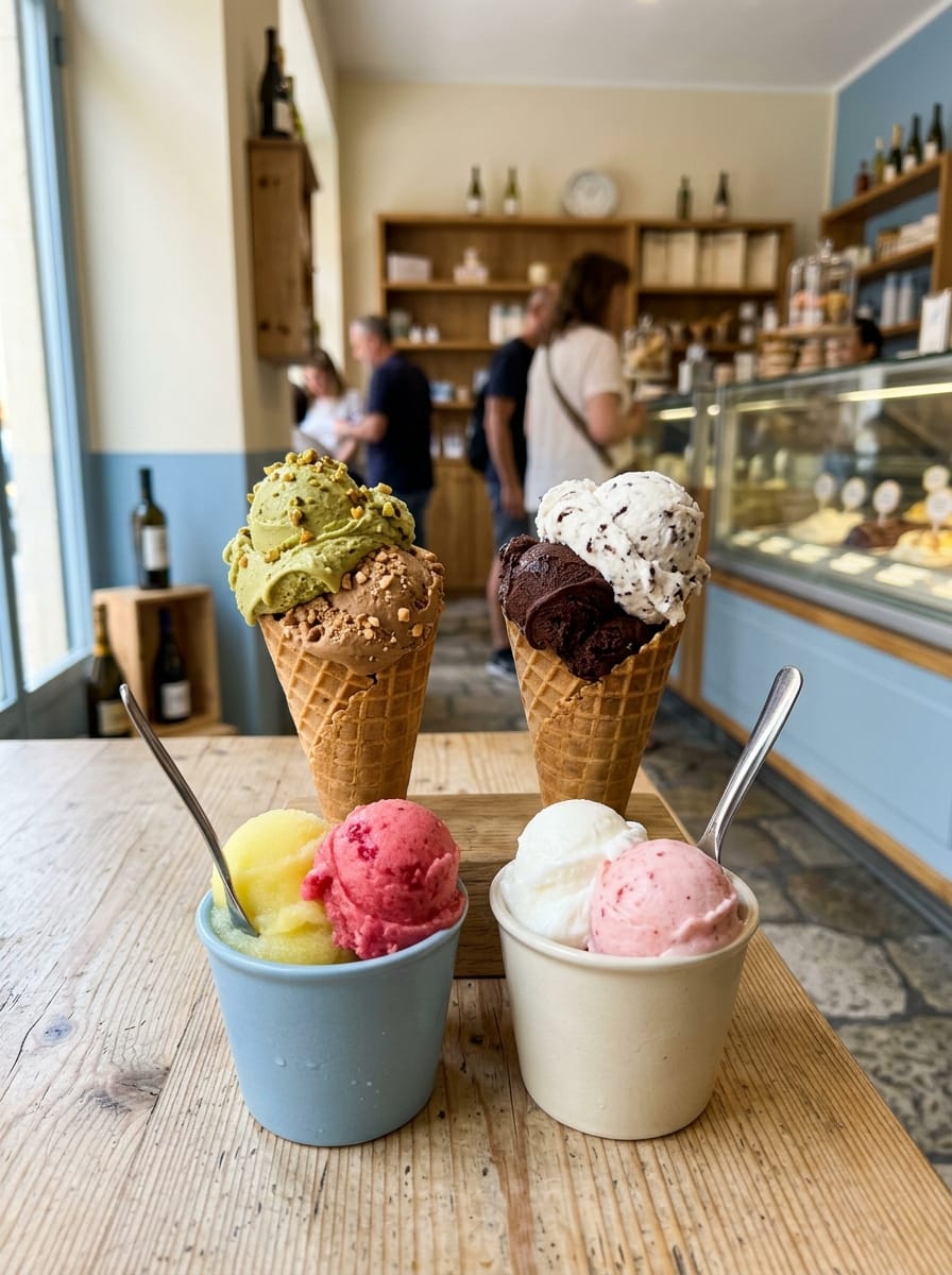Selezione di coni e coppette con diversi gusti di gelato