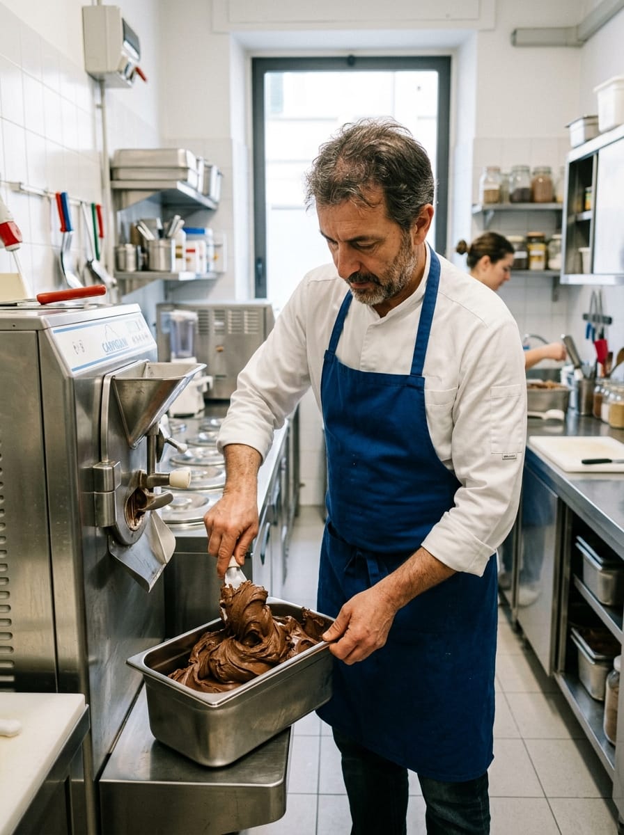 Preparazione del gelato nel laboratorio di una gelateria