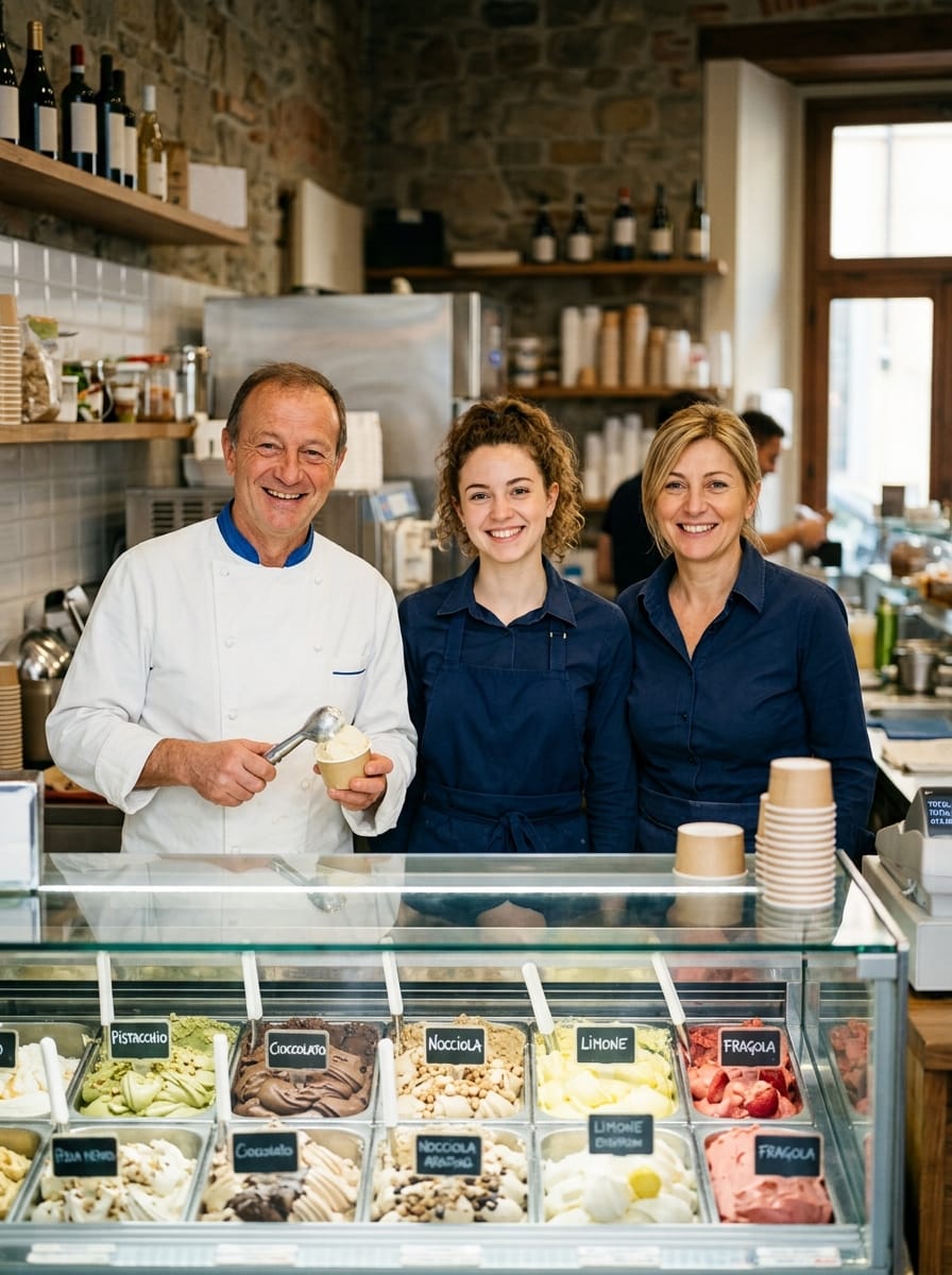 Team di una gelateria italiana dietro il banco