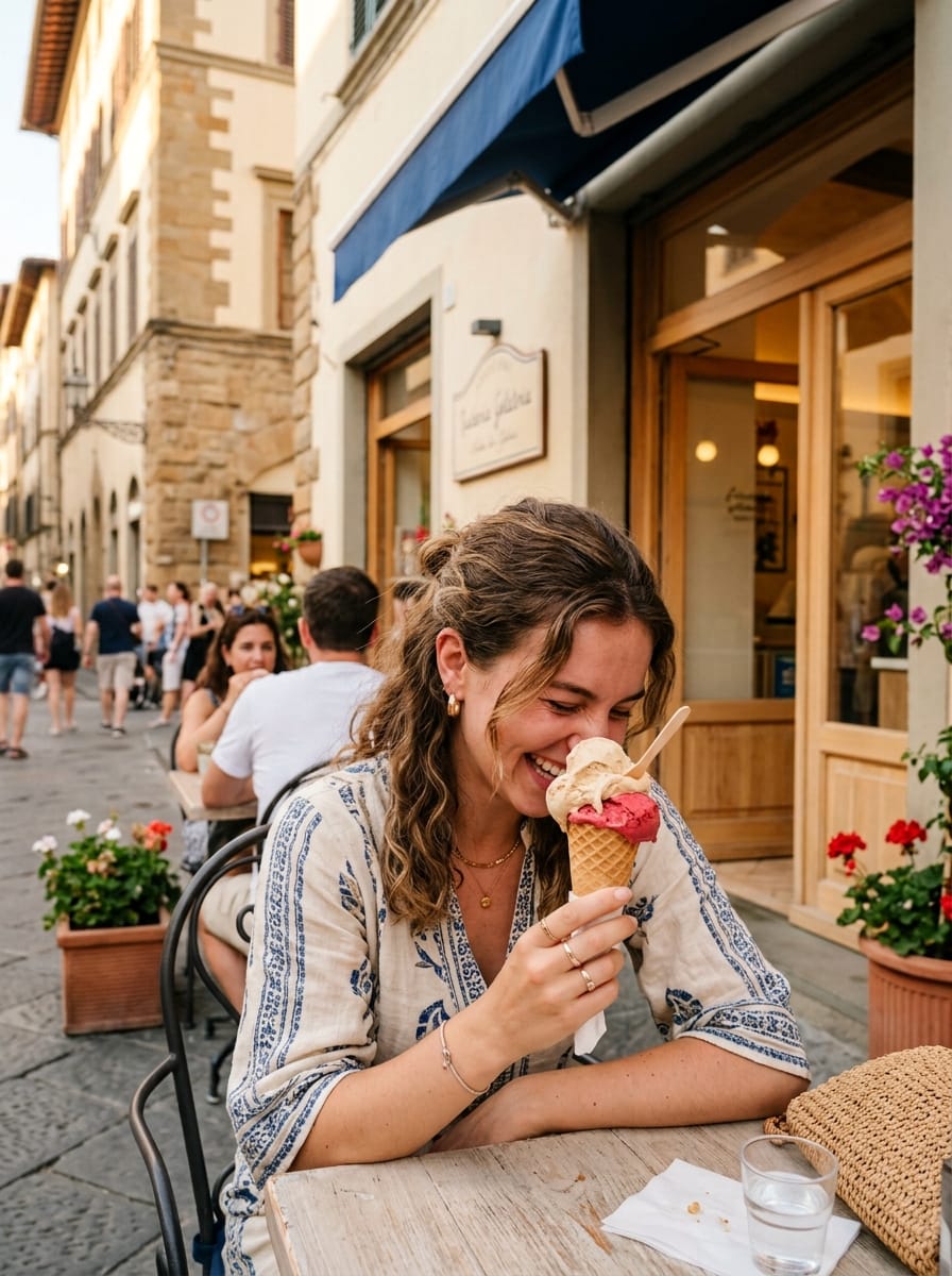 Cliente soddisfatto con un cono davanti alla gelateria