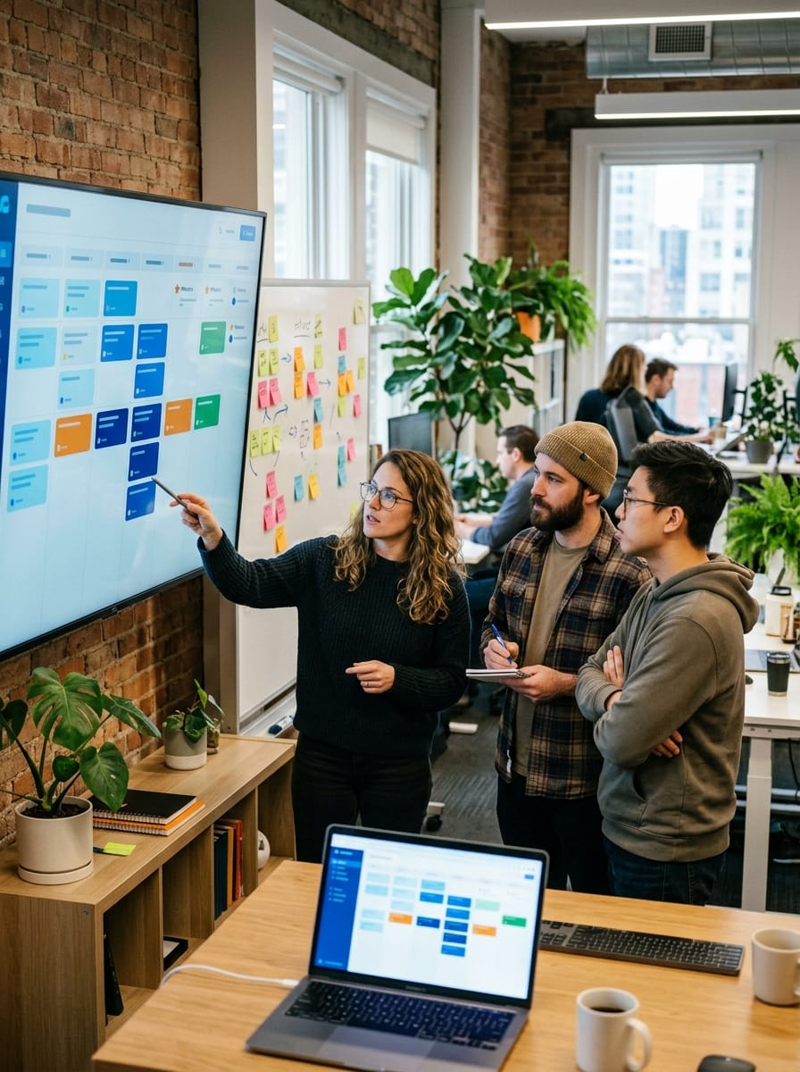 Team di prodotto al lavoro sulla roadmap di un SaaS