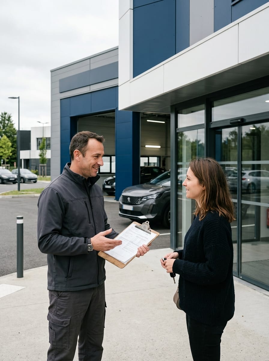 Contrôleur expliquant le déroulement du contrôle technique à une automobiliste