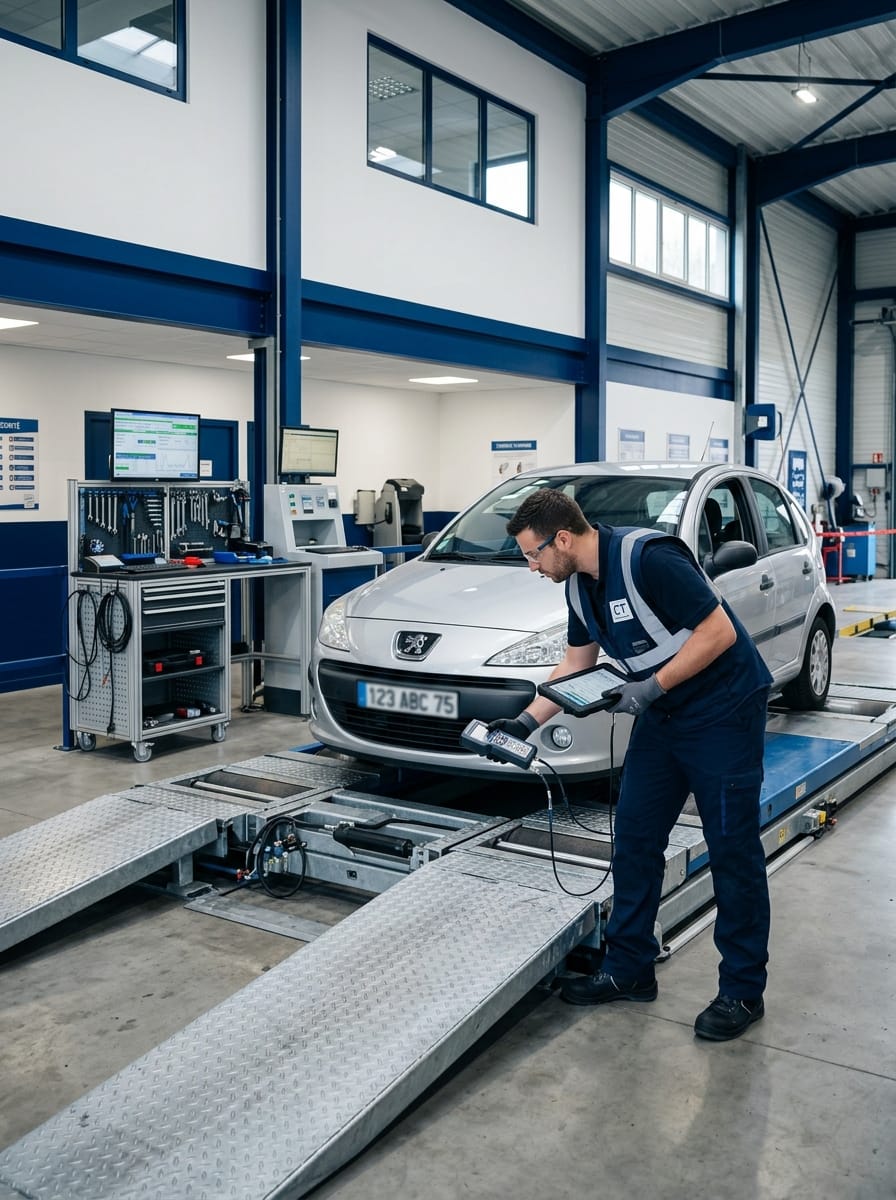 Véhicule installé sur une ligne de contrôle technique automobile