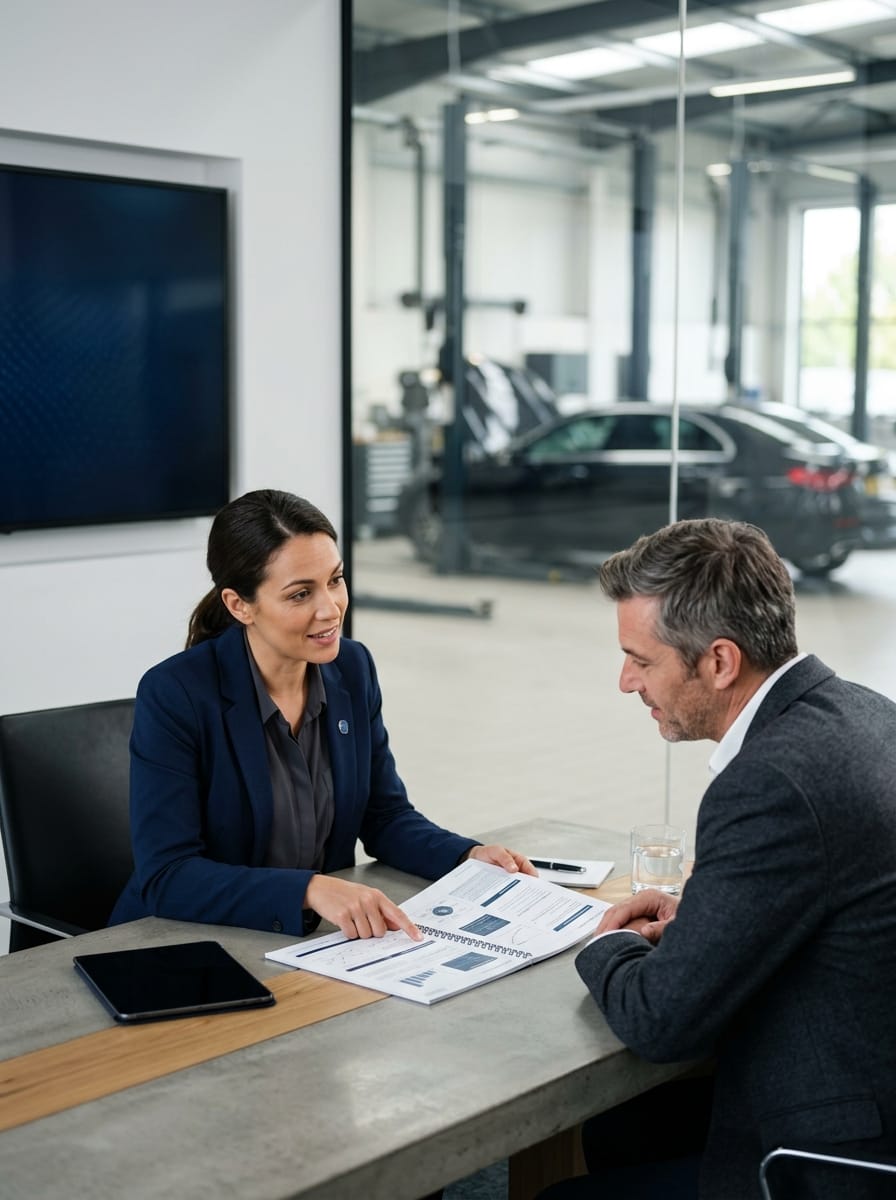 Contrôleur technique expliquant un procès-verbal de contrôle automobile