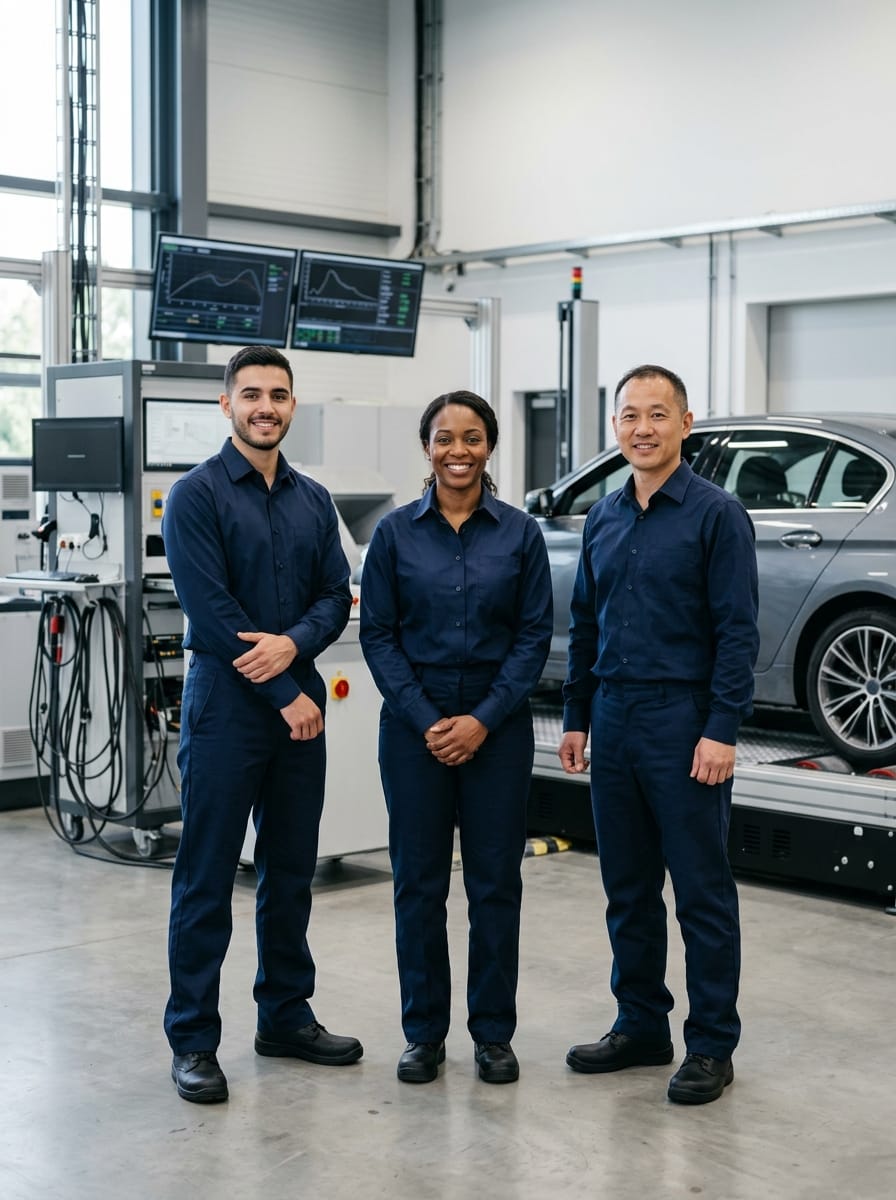 Équipe de contrôleurs techniques dans un centre automobile propre