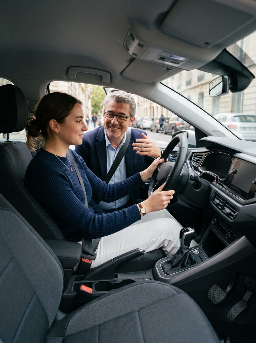 Monitrice accompagnant un élève dans une voiture d’auto-école