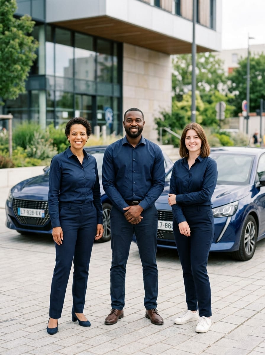 Équipe de moniteurs devant une auto-école française