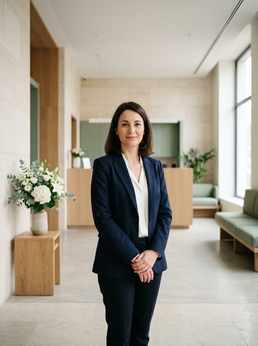 Conseillère funéraire accueillante dans une agence sobre en France
