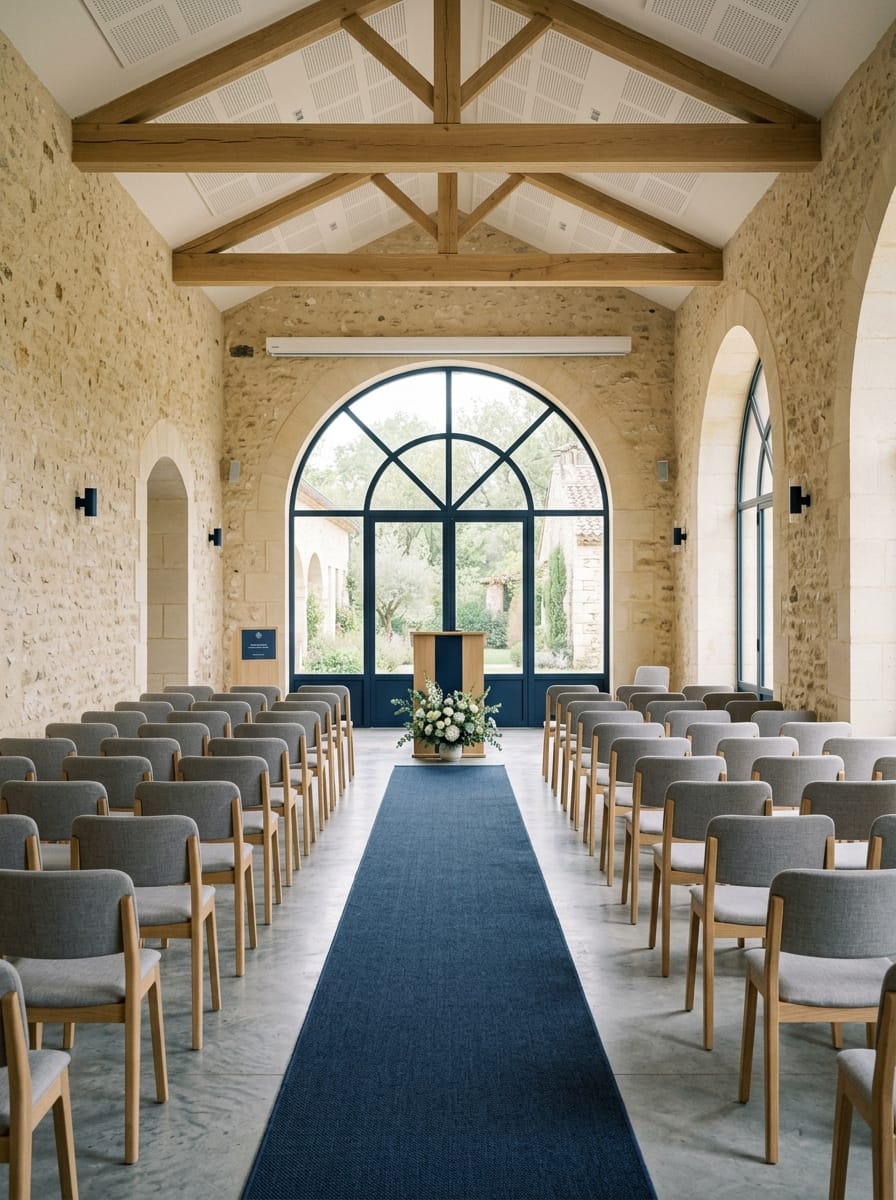 Salle de cérémonie vide et apaisante décorée avec sobriété