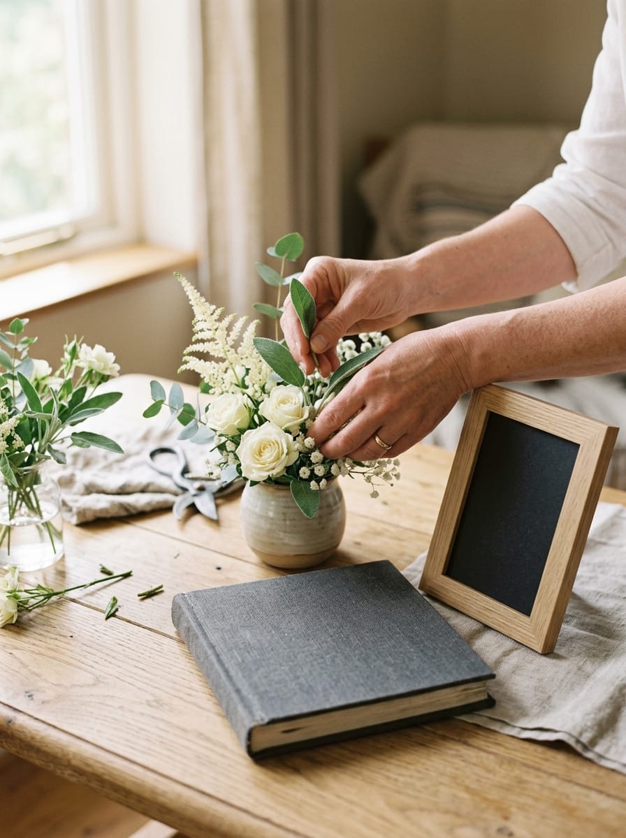 Composition florale sobre accompagnée d’un livre de souvenirs sans texte
