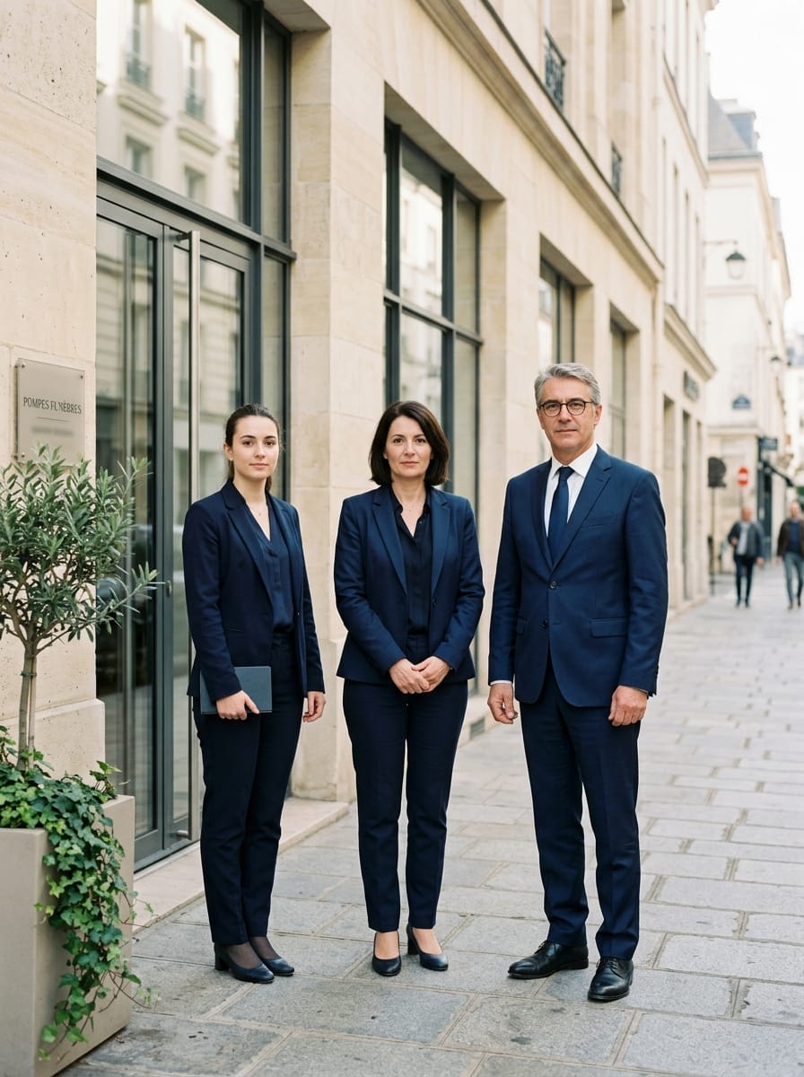 Équipe de professionnels du funéraire devant une agence en France