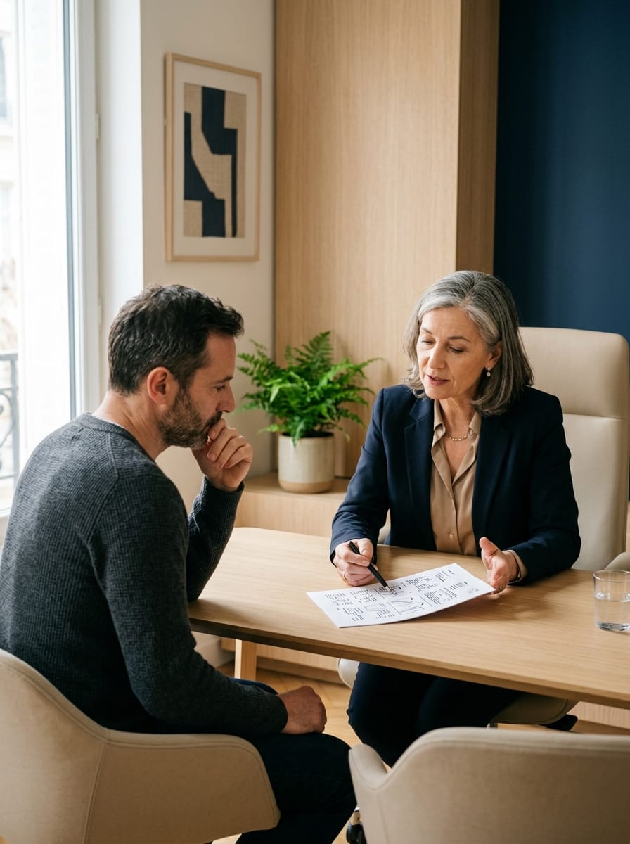 Conseillère expliquant un devis funéraire clair lors d’un rendez-vous confidentiel