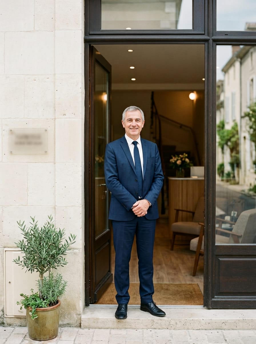 Conseillère funéraire devant une agence sobre prête à accueillir les familles