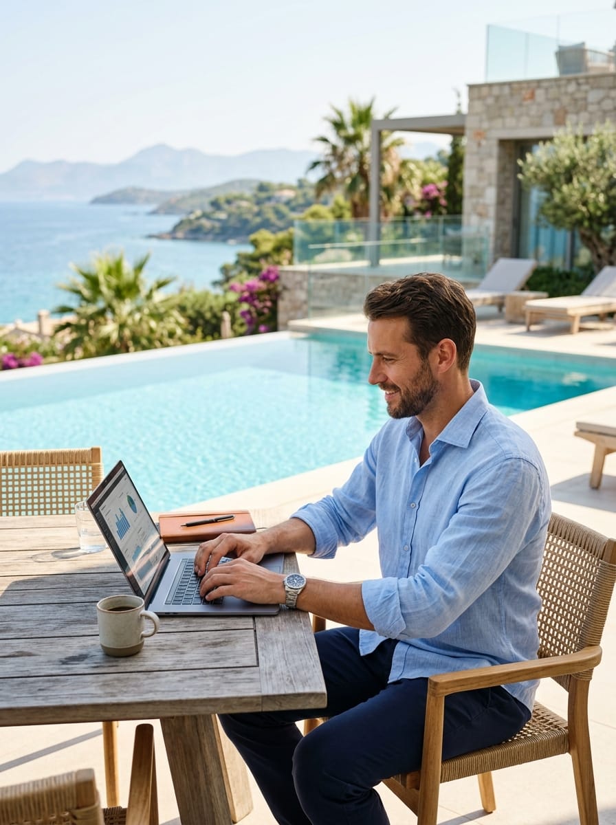 Entrepreneur travaillant près d’une piscine avec vue sur la mer