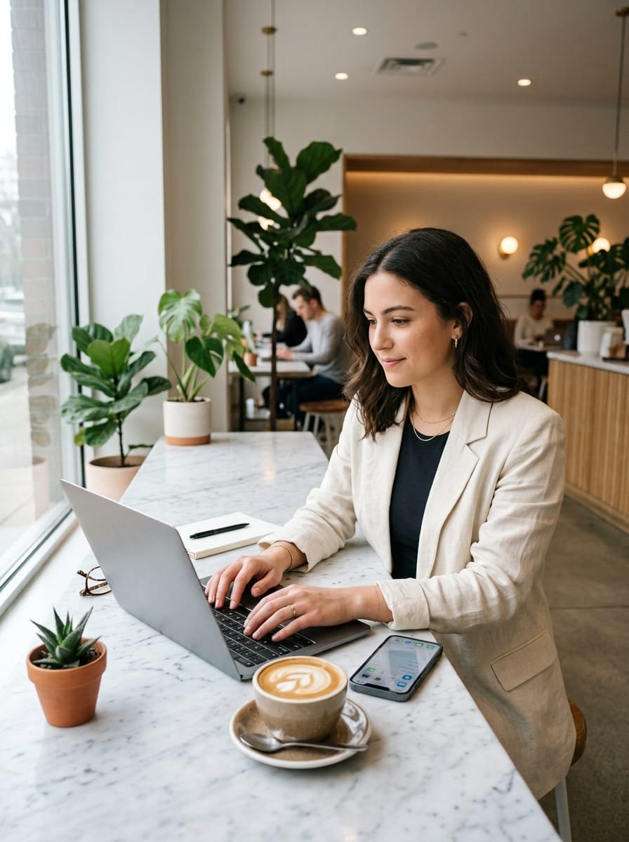 Entrepreneuse travaillant sur son ordinateur dans un café lumineux