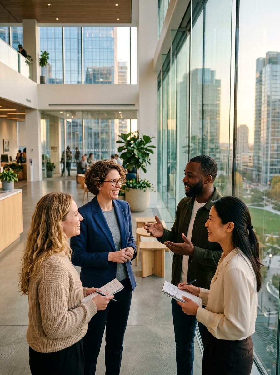 Équipe professionnelle échangeant dans des bureaux modernes