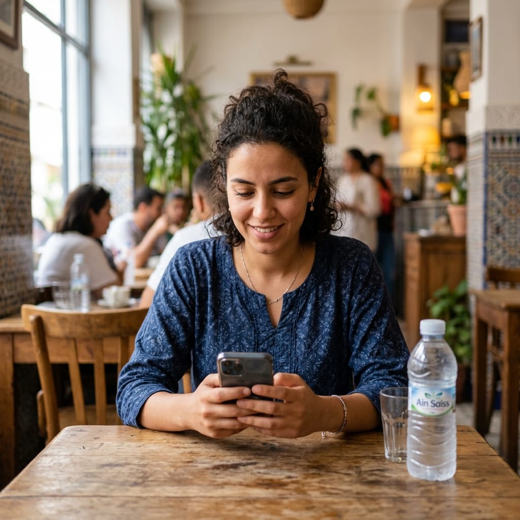 Femme utilisant son téléphone avec une bouteille d’eau