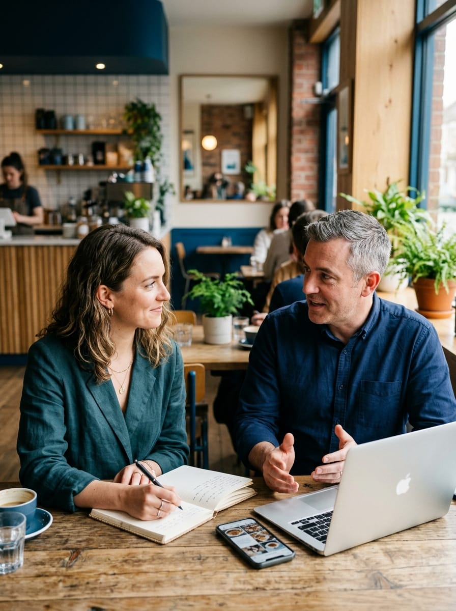 Freelance échangeant avec la responsable d’une petite entreprise pour recueillir les informations utiles