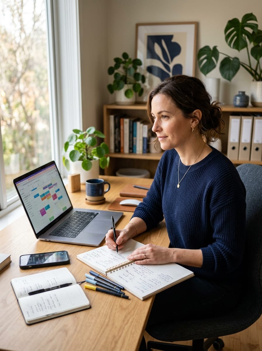 Community manager organisant plusieurs projets et comptes clients depuis son bureau