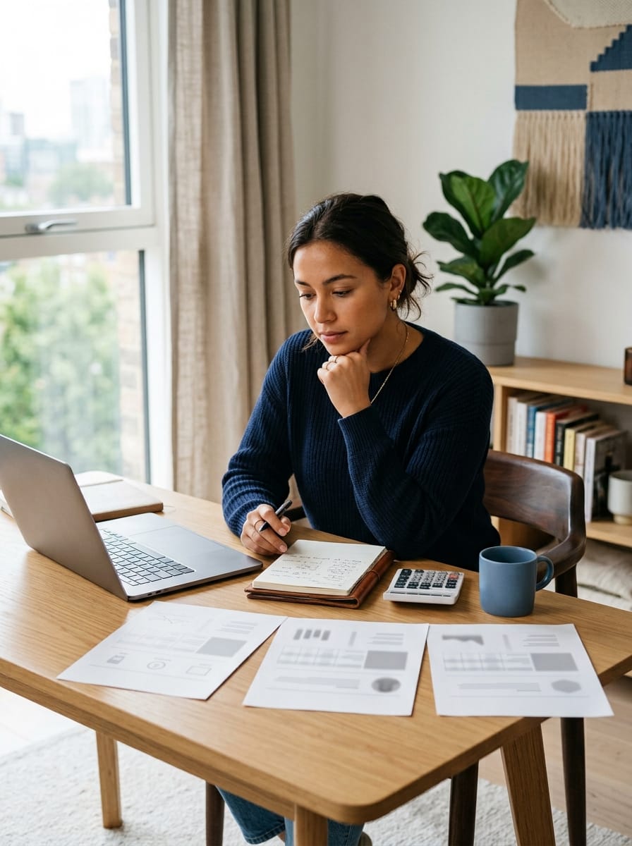 Entrepreneur comparant plusieurs modèles de travail en ligne avant de choisir une compétence
