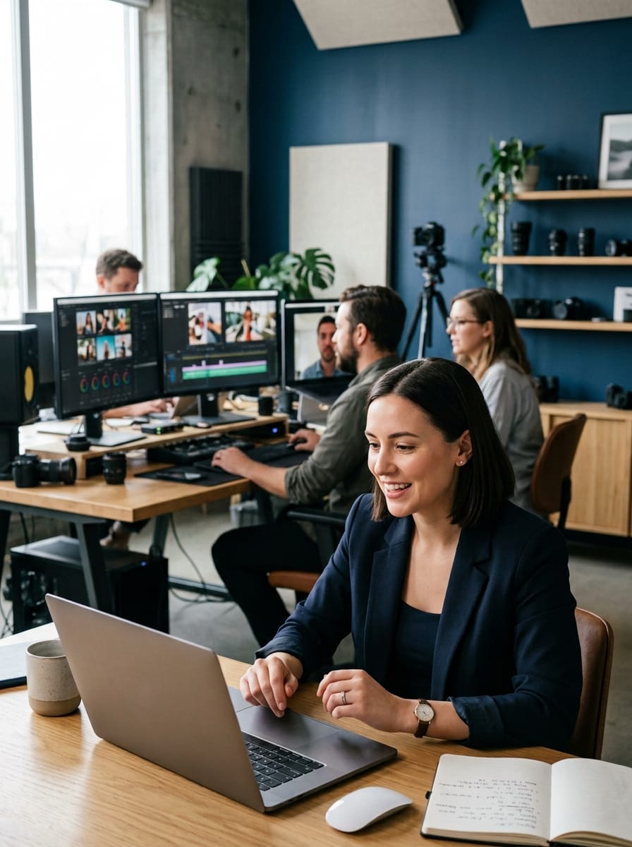 Équipe créative produisant des contenus pendant que le freelance conserve la relation client