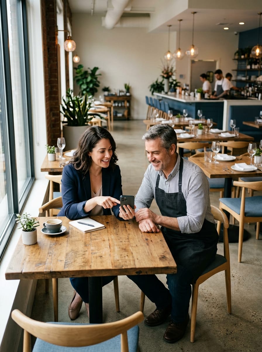 Consultant expérimenté présentant une solution numérique à un restaurateur