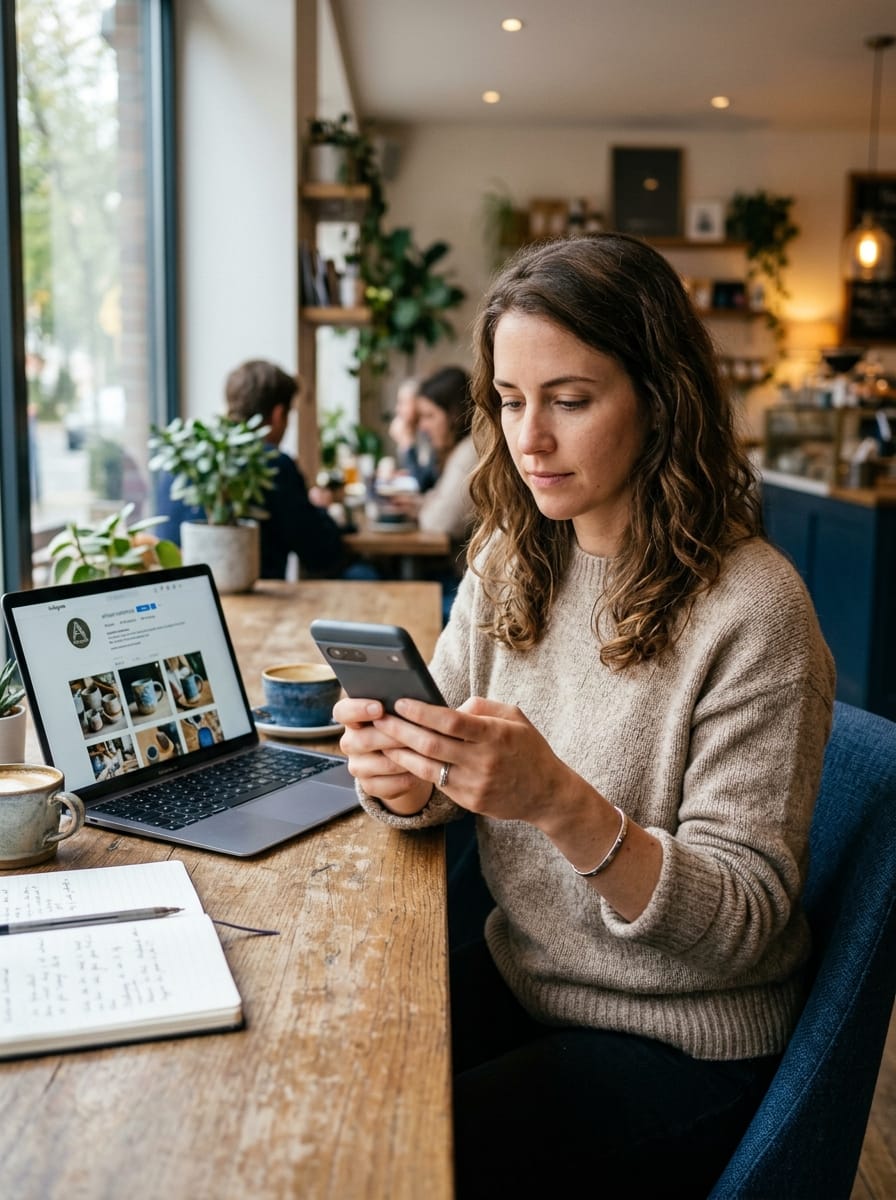 Freelance envoyant un message personnalisé à un commerce local